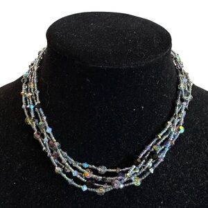 Vintage Art Deco Aurora Borealis Blue Five Strand Faceted Bead 16" Necklace